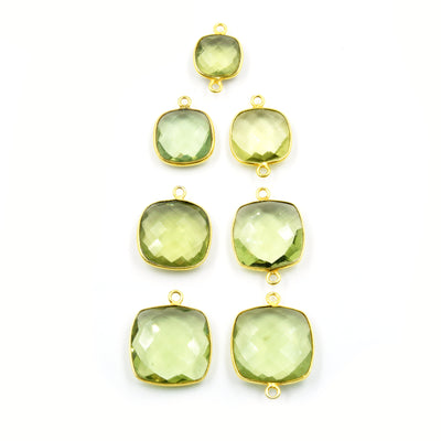 Light Green Quartz Bezel | Gold Finish Faceted Transparent Square Shaped Pendant Connector Component | Sold Individually