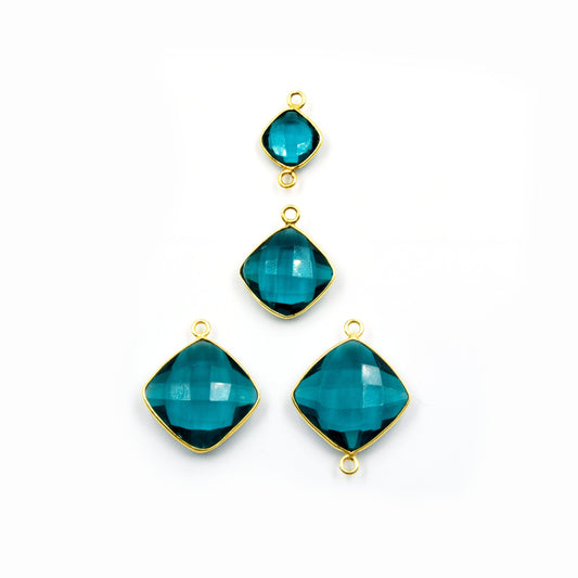 Teal Quartz Bezel | Gold Finish Faceted Transparent Diamond Shaped Pendant Connector Component | Sold Individually