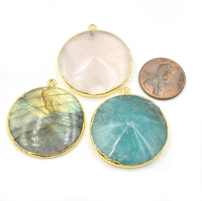 Electroplated Gemstone Pendants | Amazonite, Labradorite, Rose Quartz | 30mm Gold Electroplated Faceted Flat Back Coin Shaped Pendant
