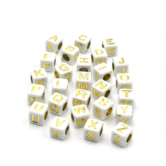 Letter Beads | White Cube Beads with Gold Letters | Acrylic Letter Beads