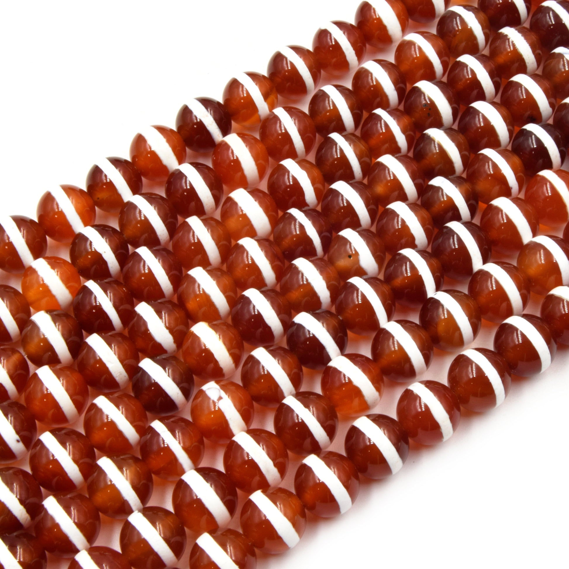 Tibetan Agate Beads | Dzi Beads | Dyed Smooth Red with White Striped Round Gemstone Beads -6mm 8mm 10mm Available