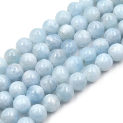 Large Hole Aquamarine Beads |Natural Pale Blue Aquamarine Smooth Finish Round/Ball Shaped Beads with 2.5mm Holes - 7.75" Strand