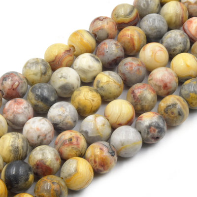 Large Hole Crazy Lace Agate Bead | Mixed Yellow/Gray Crazy Lace Agate Smooth Round Shaped Beads - 7.5" Strand