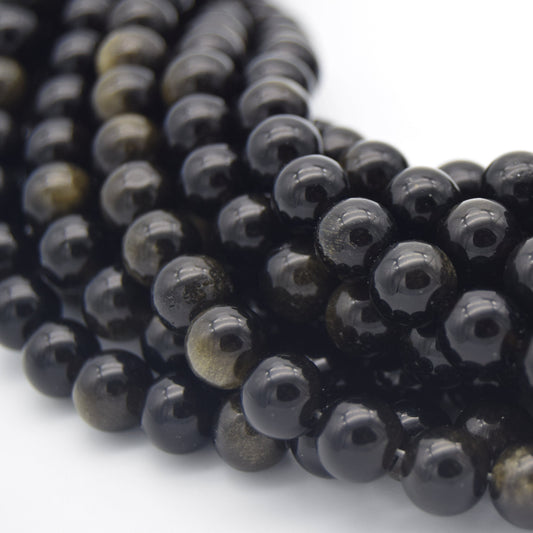 Golden Obsidian Bead | Gold Sheen Black Round Smooth Finish Gemstone Beads | 4mm 6mm 8mm 10mm 12mm Available