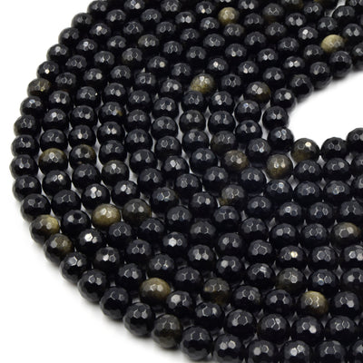 Faceted Golden Obsidian Bead | Gold Sheen Black Round Faceted Finish Gemstone Beads | 4mm 6mm 8mm 10mm 12mm Available