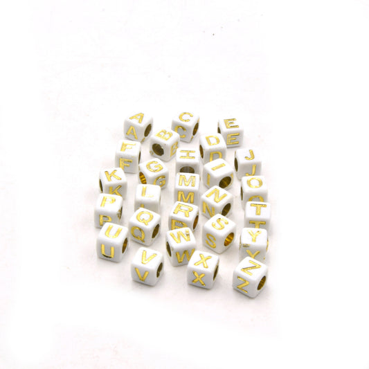 Letter Beads | White Cube Beads with Gold Letters | Acrylic Letter Beads