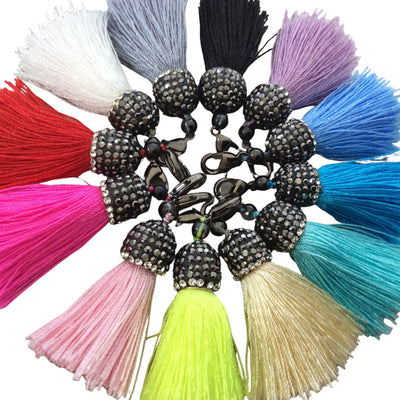 Pave Tassel Pendants | 1.25 Inch CZ Cap Tassel Silk/Polyester Thread Gunmetal Clasp | White, Blue, Yellow, Purple Tassels