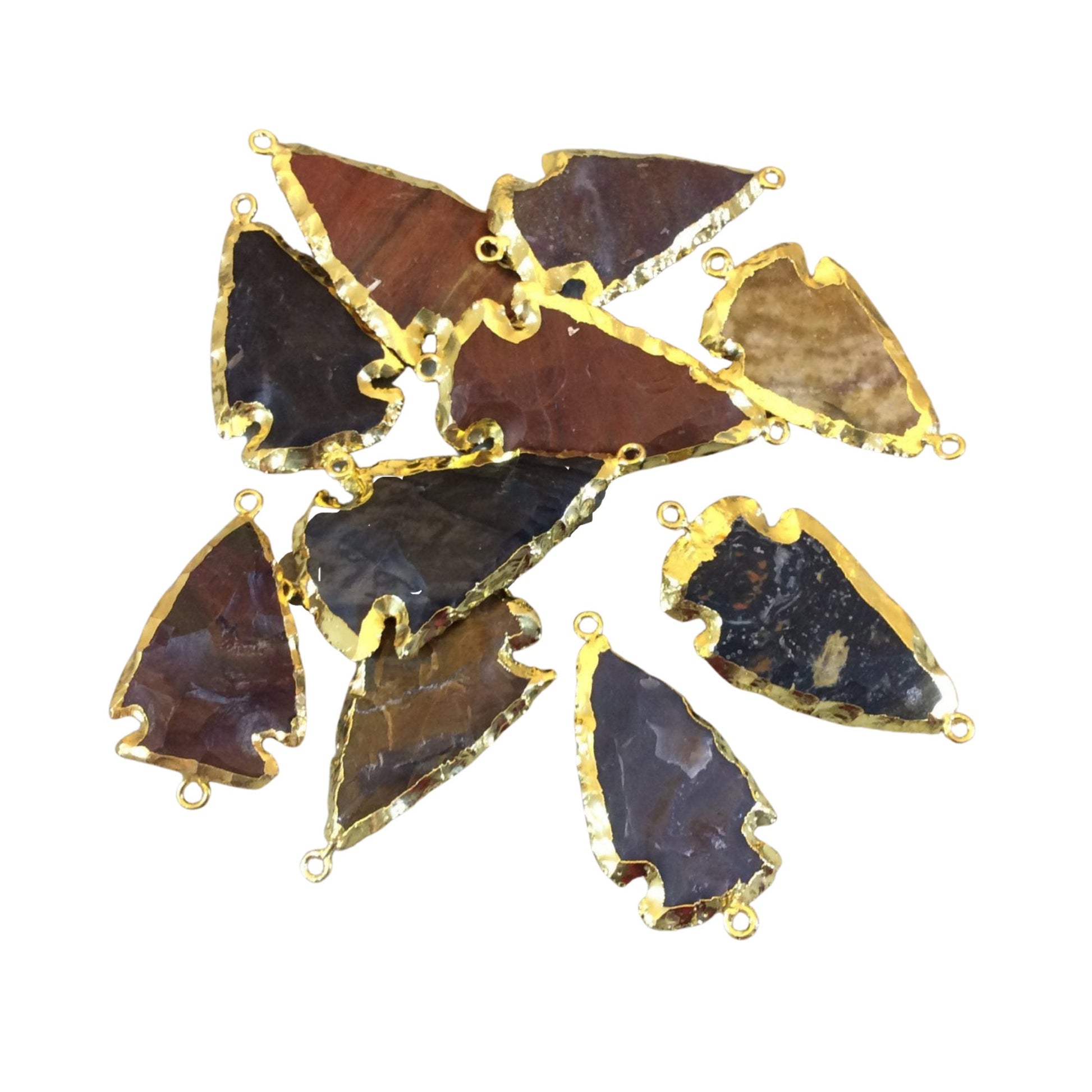 1-1.5" Gold Finish Arrowhead Shaped Electroplated Mixed Jasper Connector - Measuring 30mm-40mm Long - Sold Individually, Randomly Chosen