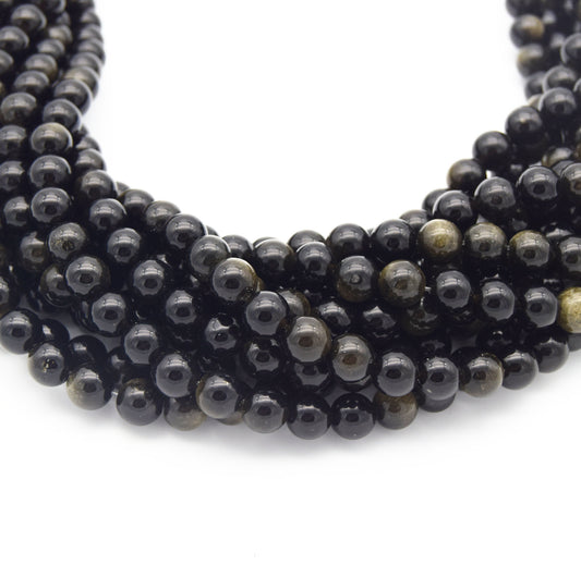 Golden Obsidian Bead | Gold Sheen Black Round Smooth Finish Gemstone Beads | 4mm 6mm 8mm 10mm 12mm Available