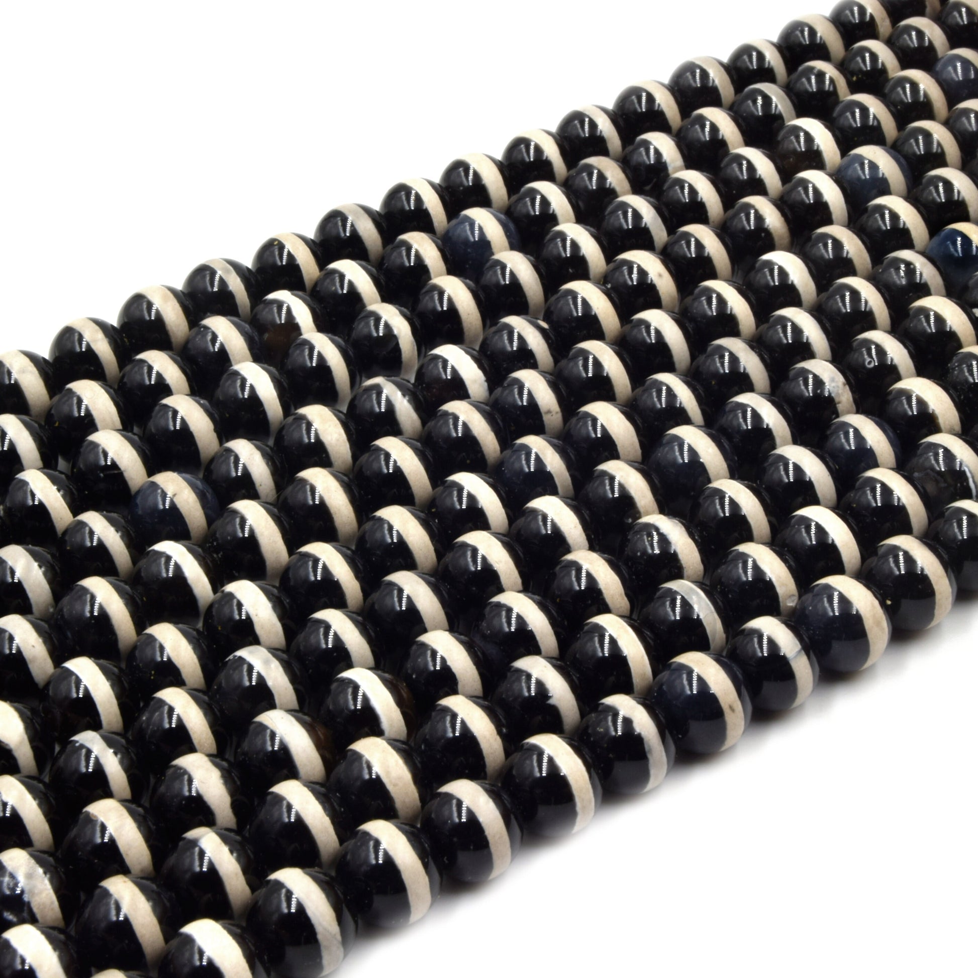 Tibetan Agate Beads | Dzi Beads | Dyed Black Glossy with Cream Stripe Round Gemstone Beads - 6mm 8mm 10mm 12mm Available