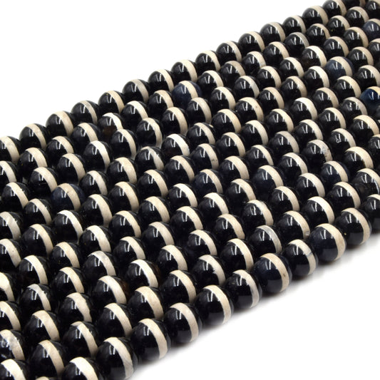 Tibetan Agate Beads | Dzi Beads | Dyed Black Glossy with Cream Stripe Round Gemstone Beads - 6mm 8mm 10mm 12mm Available