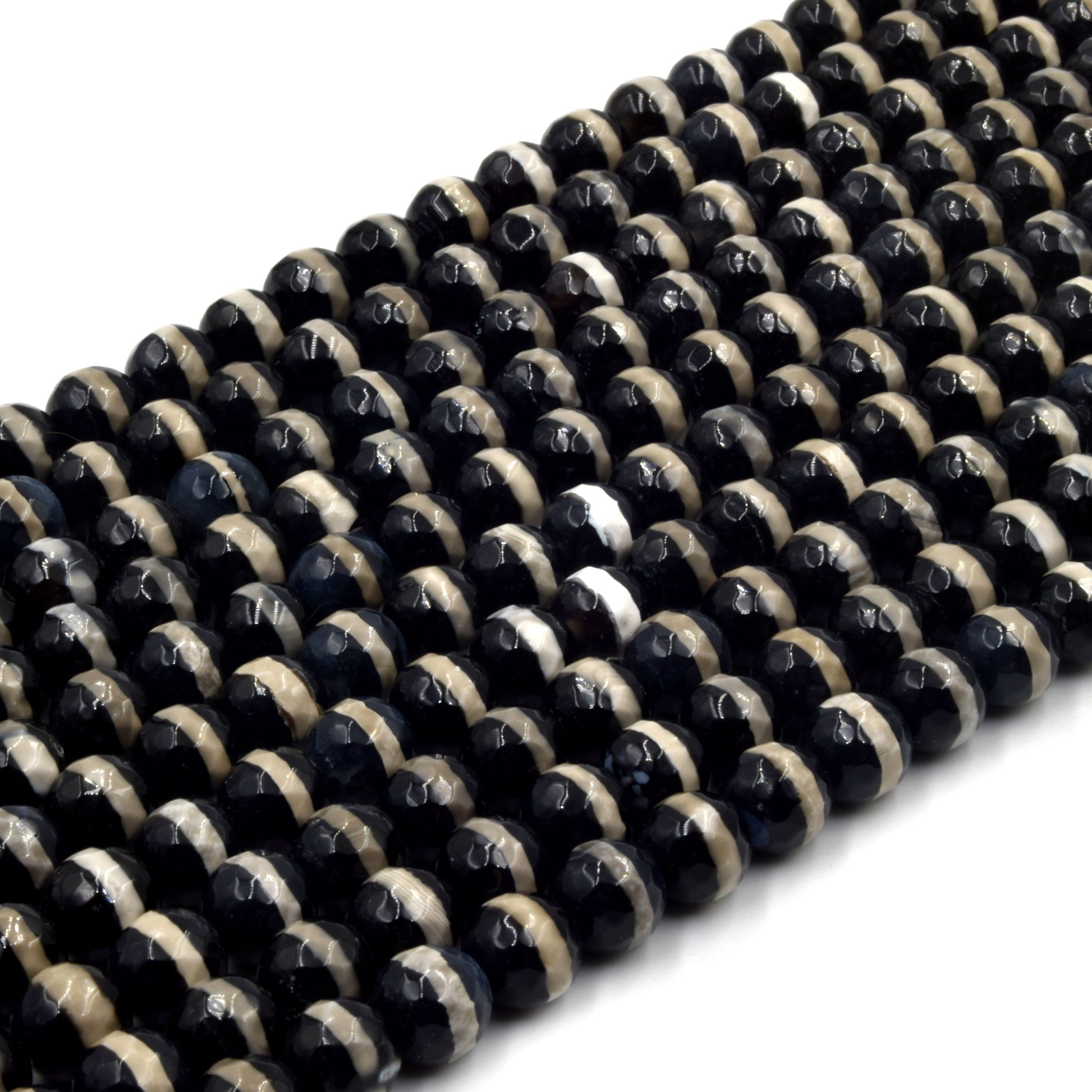 Tibetan Agate Beads | Dzi Beads | Dyed Black Faceted with Cream Stripe Round Gemstone Beads - 6mm 8mm 10mm 12mm Available