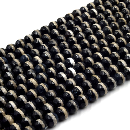 Tibetan Agate Beads | Dzi Beads | Dyed Black Faceted with Cream Stripe Round Gemstone Beads - 6mm 8mm 10mm 12mm Available