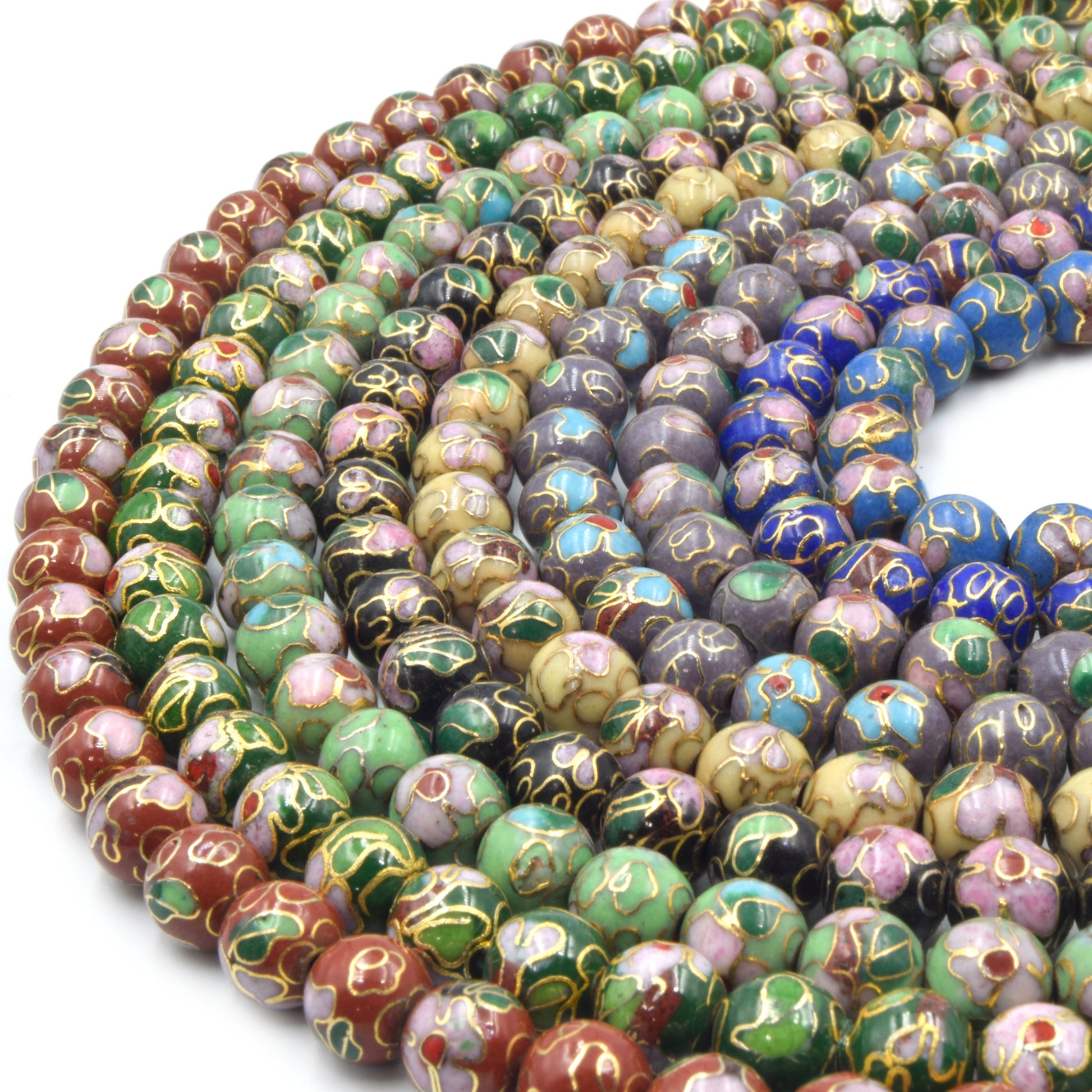 Cloisonné Beads | 8mm Decorative Floral Puffed Round/Ball Shaped Metal/Enamel Beads - Red Green Black Yellow Purple Blue Available