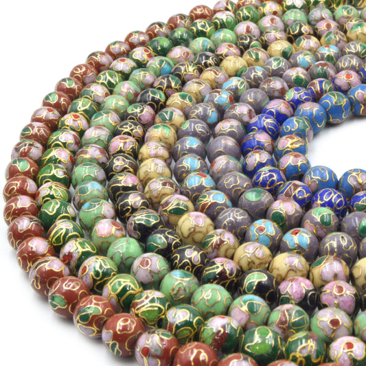 Cloisonné Beads | 8mm Decorative Floral Puffed Round/Ball Shaped Metal/Enamel Beads - Red Green Black Yellow Purple Blue Available