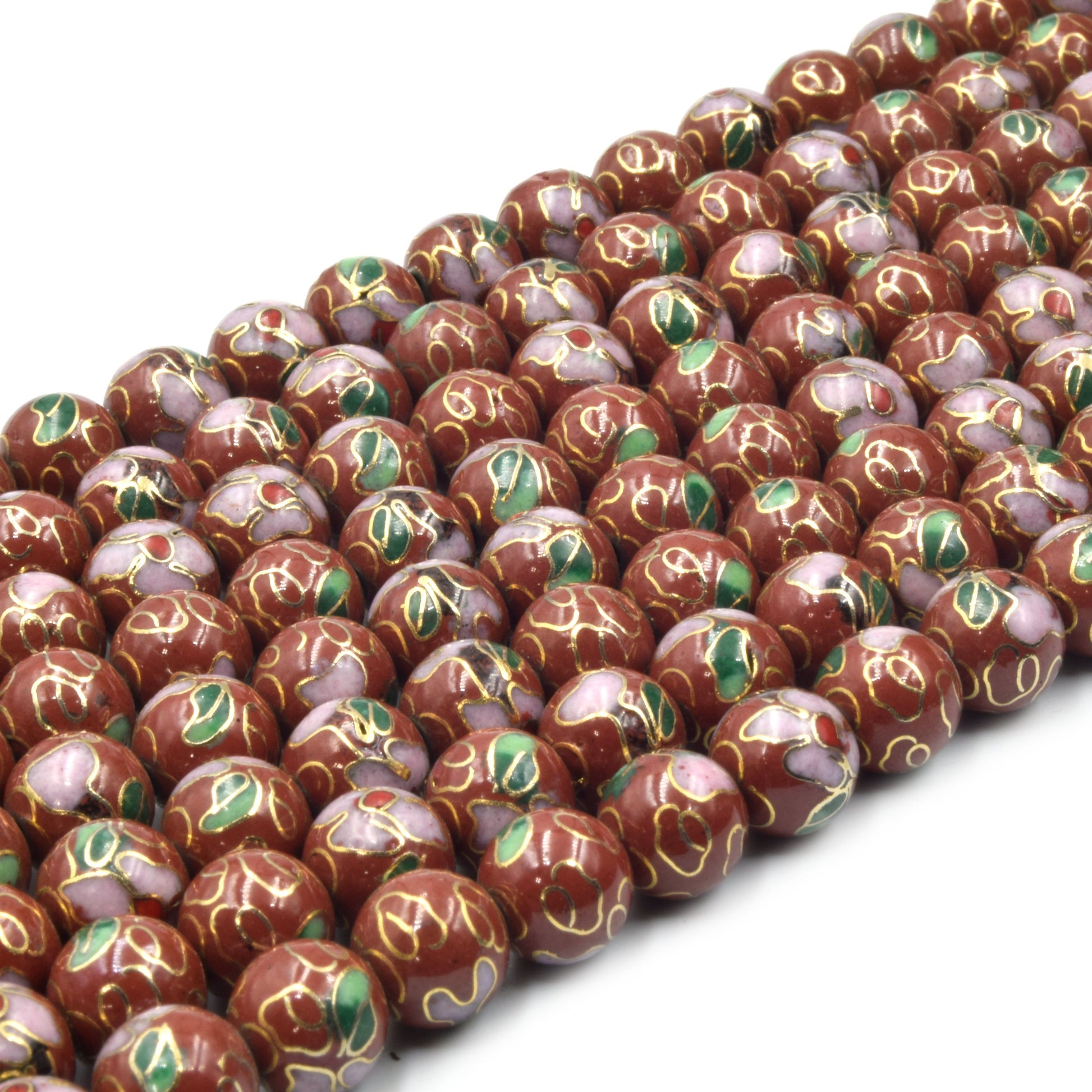 Cloisonné Beads | 8mm Decorative Floral Puffed Round/Ball Shaped Metal/Enamel Beads - Red Green Black Yellow Purple Blue Available