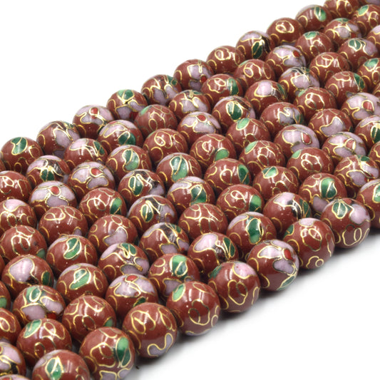 Cloisonné Beads | 8mm Decorative Floral Puffed Round/Ball Shaped Metal/Enamel Beads - Red Green Black Yellow Purple Blue Available
