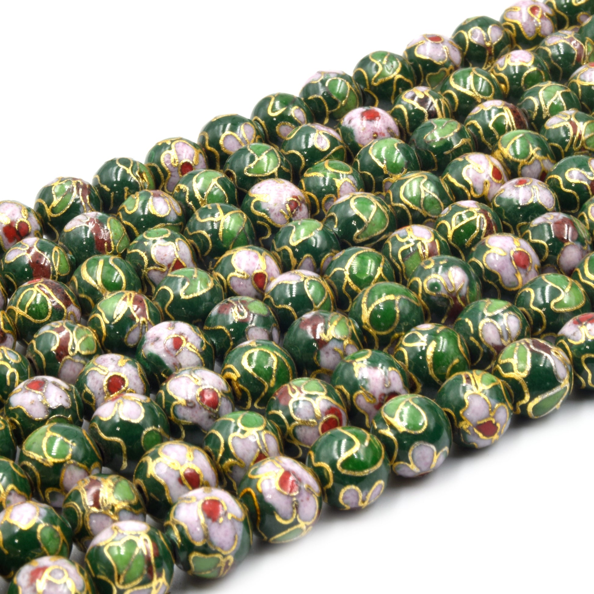 Cloisonné Beads | 8mm Decorative Floral Puffed Round/Ball Shaped Metal/Enamel Beads - Red Green Black Yellow Purple Blue Available