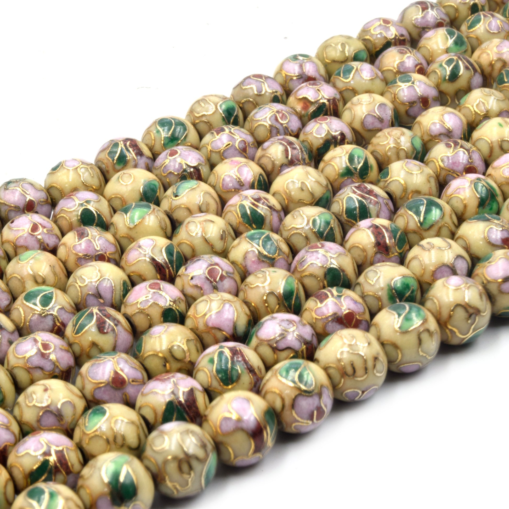 Cloisonné Beads | 8mm Decorative Floral Puffed Round/Ball Shaped Metal/Enamel Beads - Red Green Black Yellow Purple Blue Available