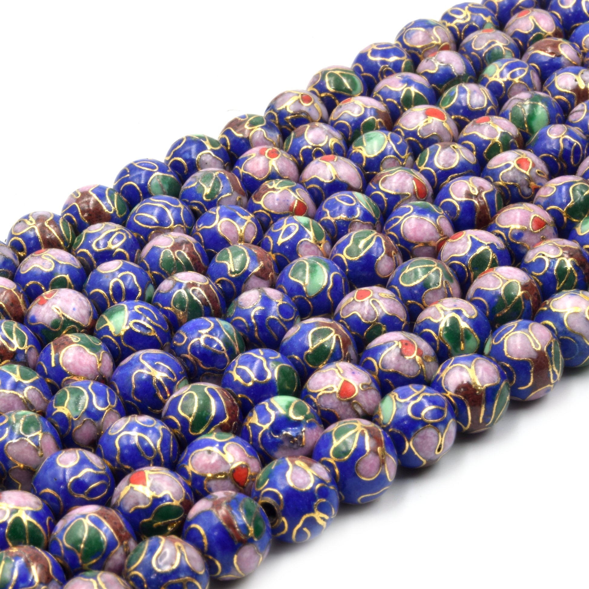 Cloisonné Beads | 8mm Decorative Floral Puffed Round/Ball Shaped Metal/Enamel Beads - Red Green Black Yellow Purple Blue Available