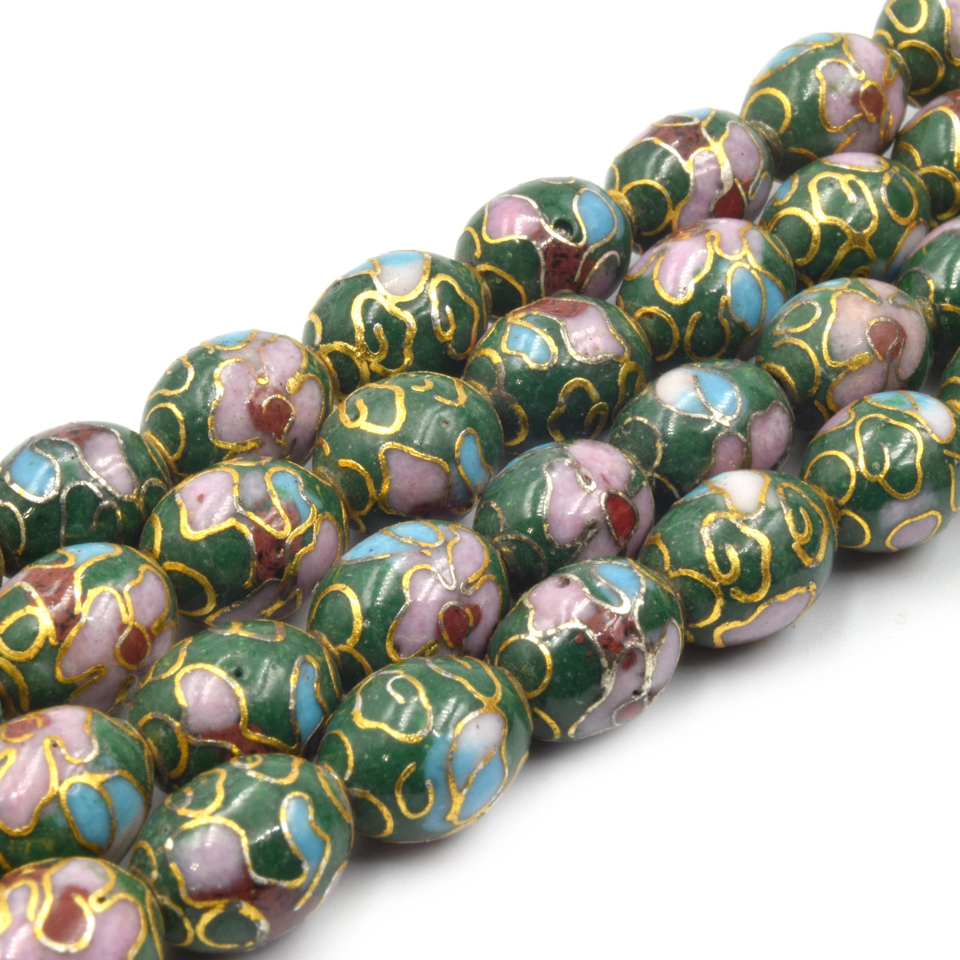 Cloisonné Beads | Decorative Floral Copper Oval Shaped Metal/Enamel - Green Red White
