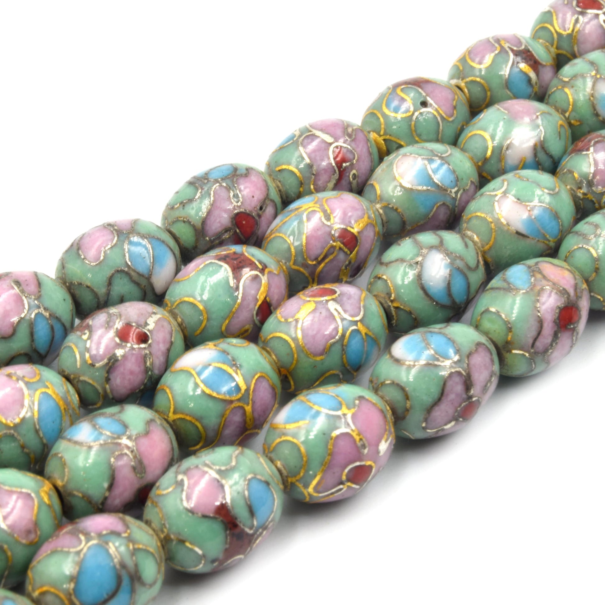 Cloisonné Beads | Decorative Floral Copper Oval Shaped Metal/Enamel - Green Red White