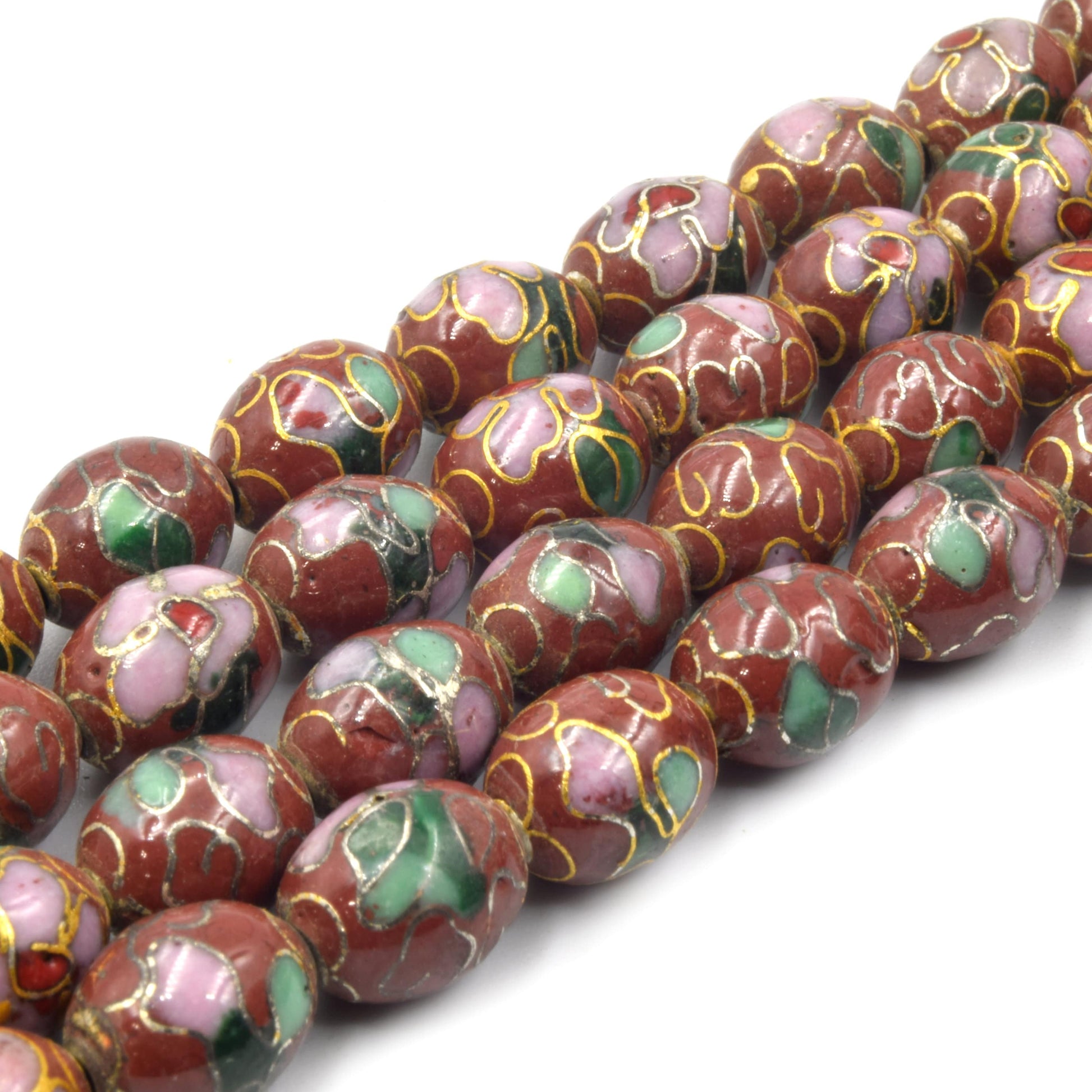 Cloisonné Beads | Decorative Floral Copper Oval Shaped Metal/Enamel - Green Red White