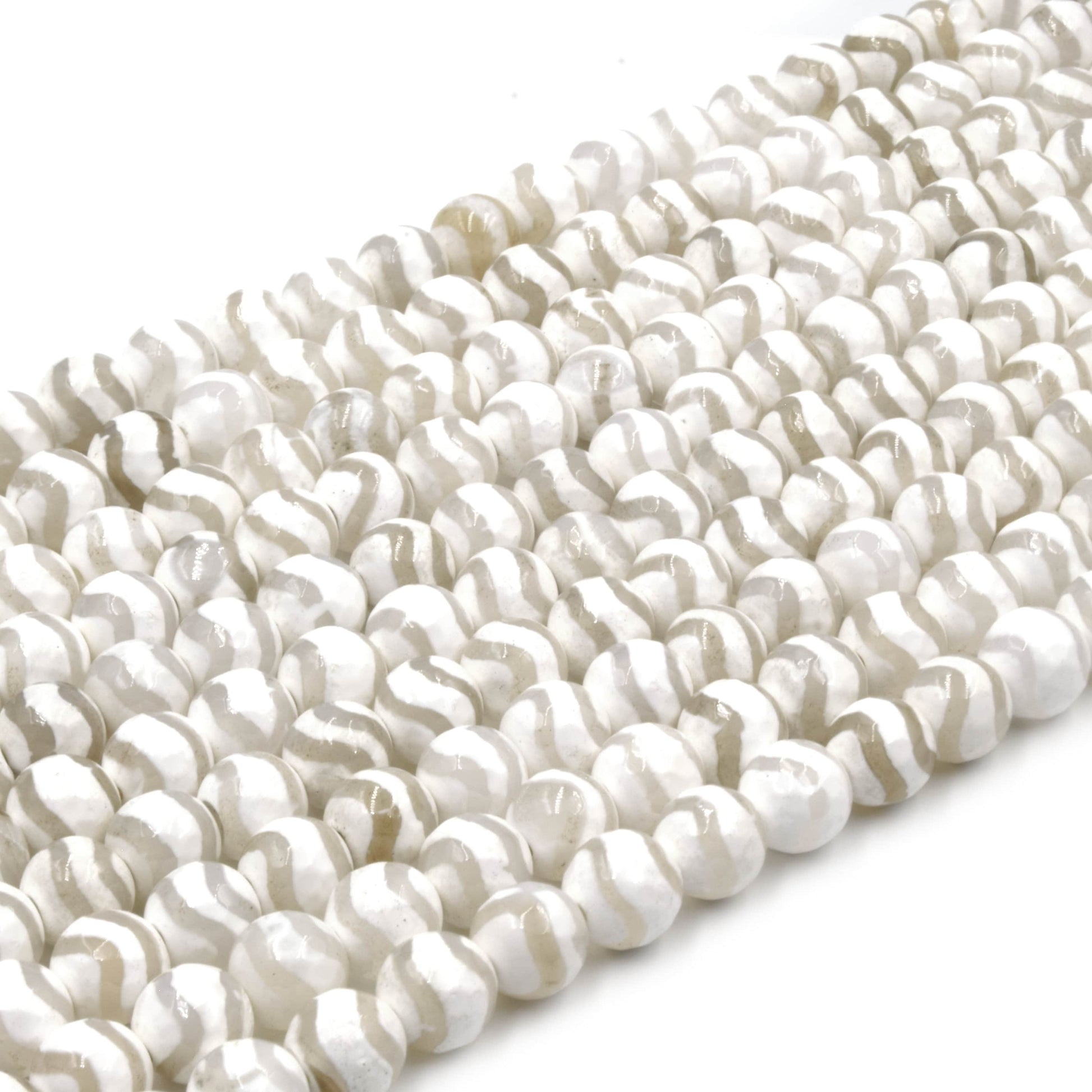 Tibetan Agate Beads | Dzi Beads | Dyed White Faceted Wavy Round Gemstone Beads - 6mm 8mm 10mm 12mm Available