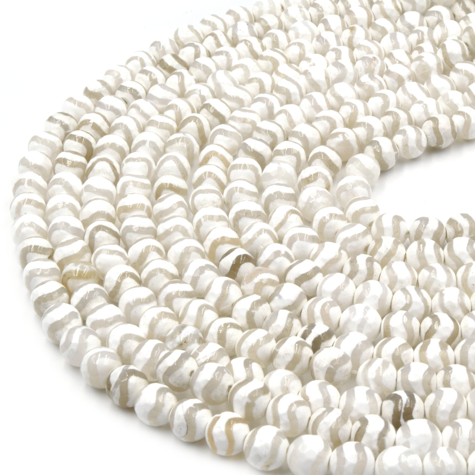 Tibetan Agate Beads | Dzi Beads | Dyed White Faceted Wavy Round Gemstone Beads - 6mm 8mm 10mm 12mm Available
