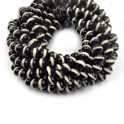 Tibetan Agate Beads | Dzi Beads | Dyed Black Glossy with Cream Stripe Round Gemstone Beads - 6mm 8mm 10mm 12mm Available