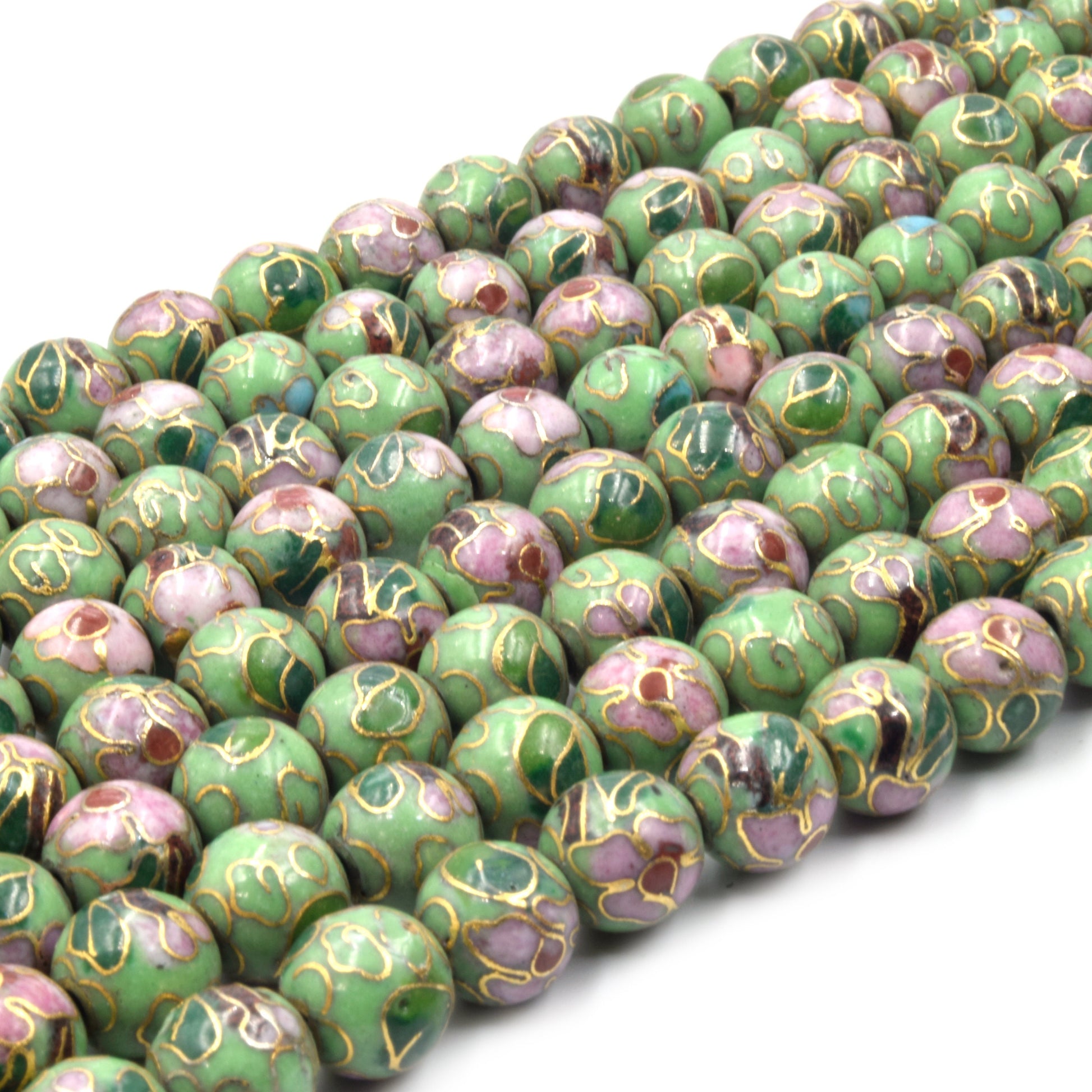 Cloisonné Beads | 8mm Decorative Floral Puffed Round/Ball Shaped Metal/Enamel Beads - Red Green Black Yellow Purple Blue Available