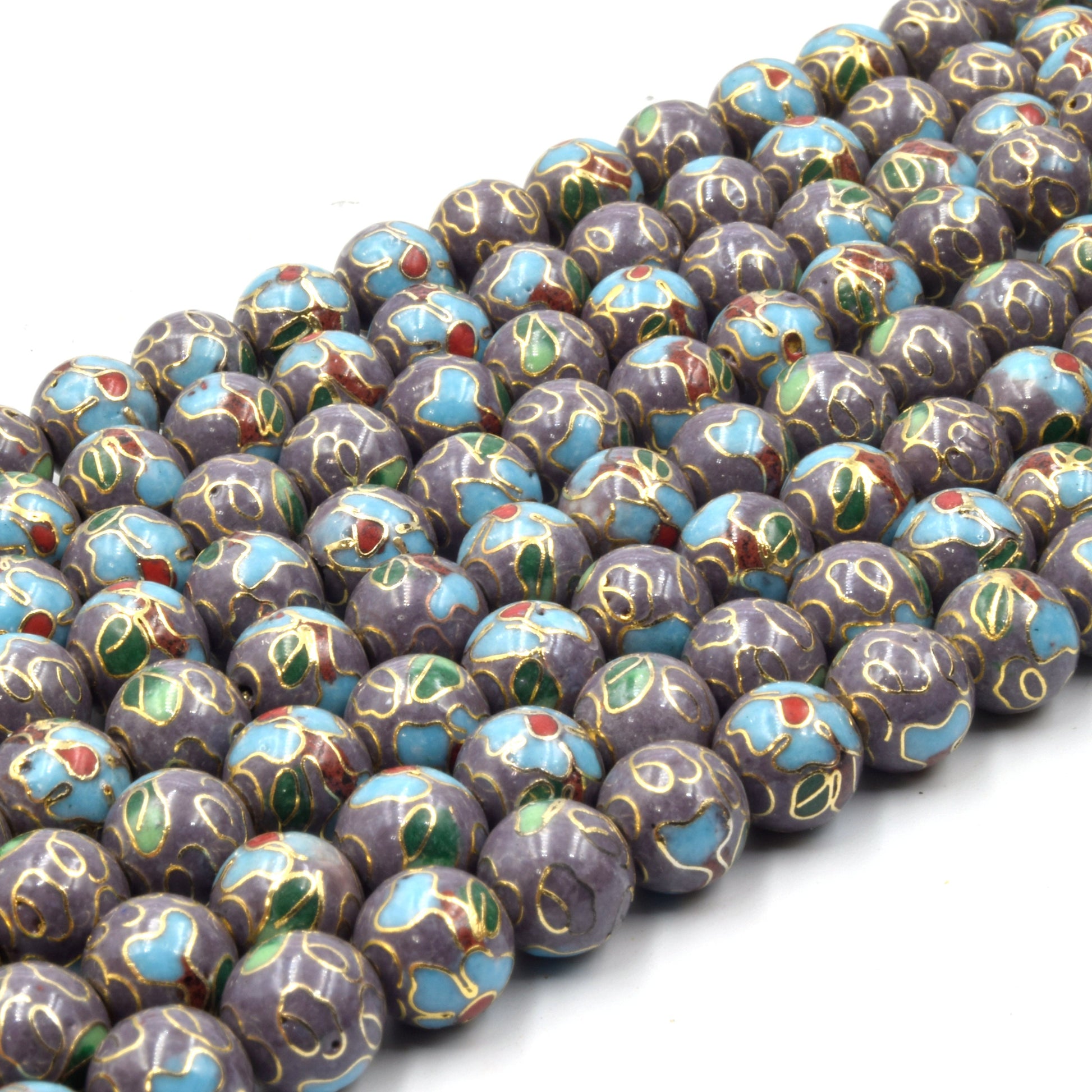 Cloisonné Beads | 8mm Decorative Floral Puffed Round/Ball Shaped Metal/Enamel Beads - Red Green Black Yellow Purple Blue Available
