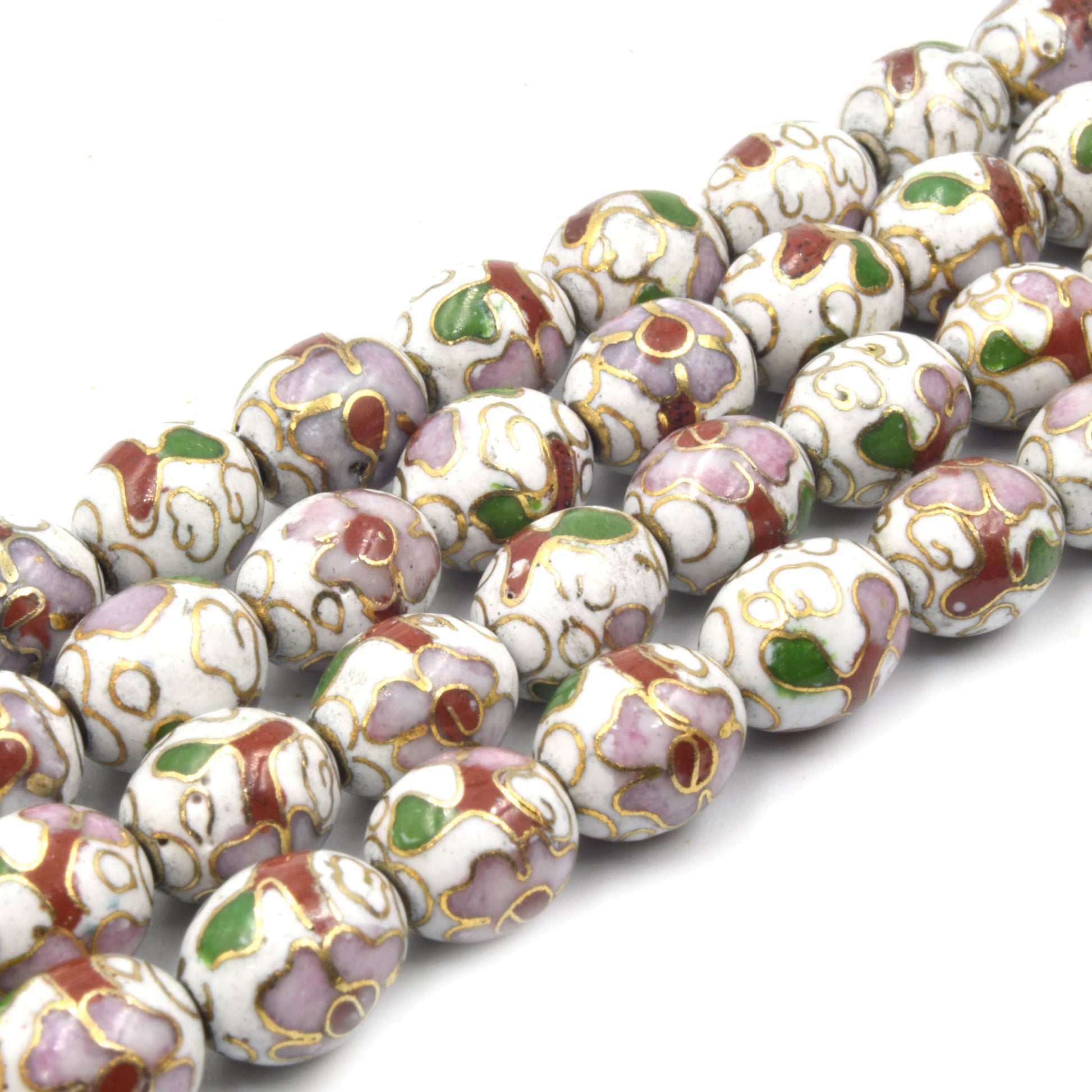 Cloisonné Beads | Decorative Floral Copper Oval Shaped Metal/Enamel - Green Red White