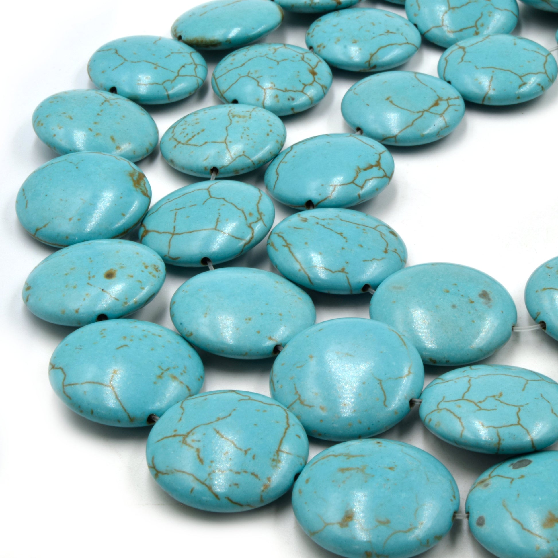 Turquoise Howlite Beads | 25mm Veined Turquoise Howlite Coin Shaped Beads with 1mm Holes
