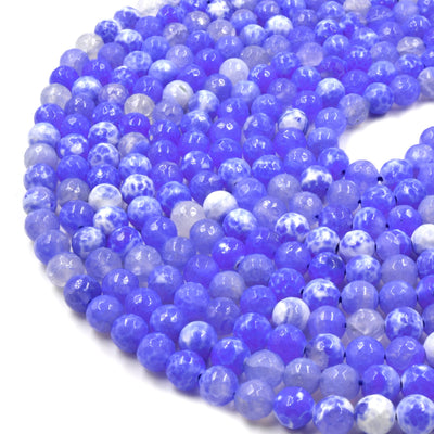 Fire Agate Beads | Dyed Cornflower Blue White Faceted Round Gemstone Beads - 6mm 8mm 10mm 12mm  Available