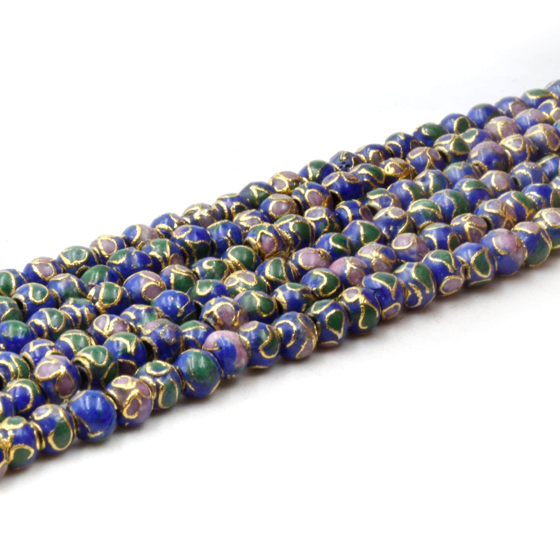 Cloisonné Beads | 4mm Decorative Floral Puffed Round/Ball Shaped Metal/Enamel Beads - Red Black Gold Purple Blue  Available