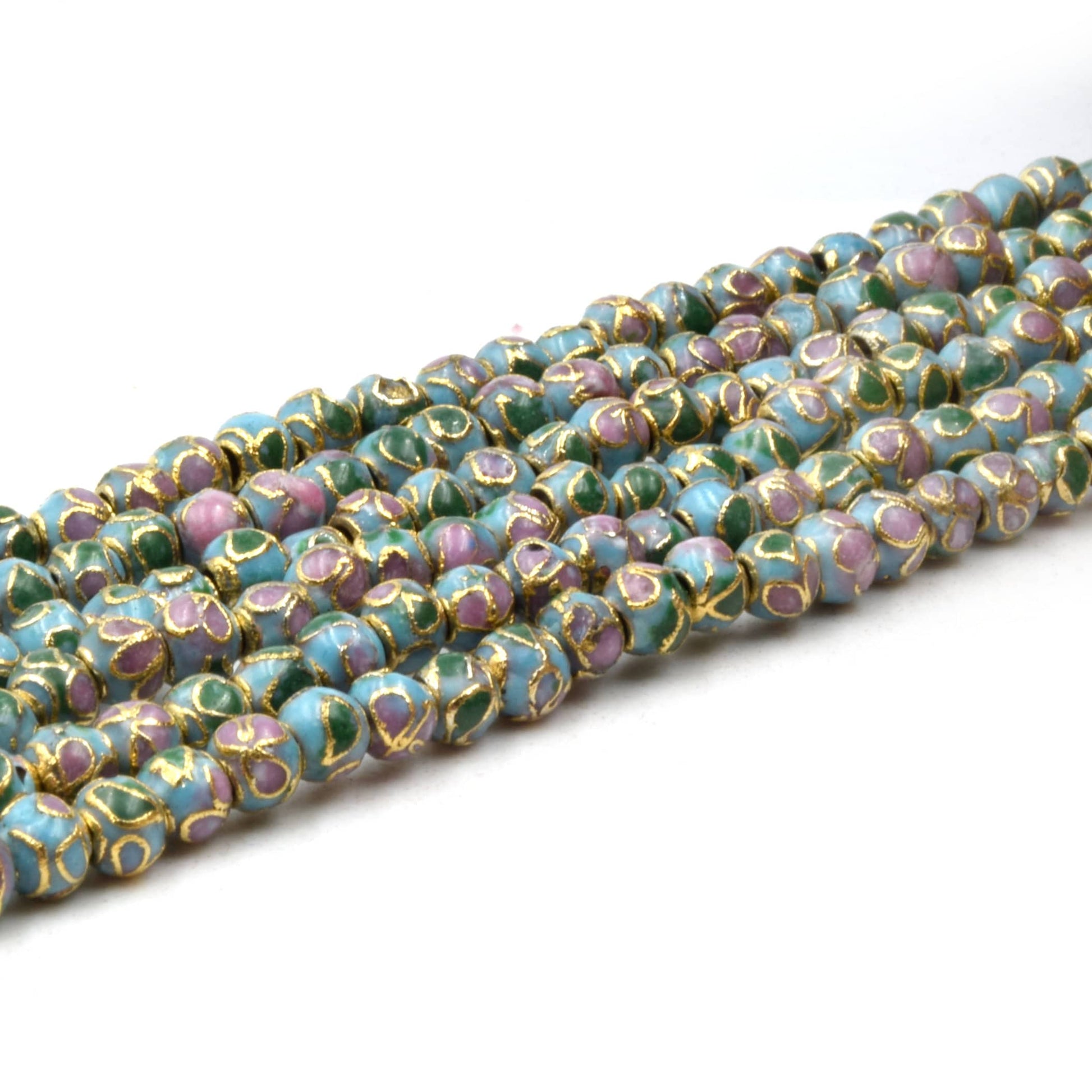 Cloisonné Beads | 4mm Decorative Floral Puffed Round/Ball Shaped Metal/Enamel Beads - Red Black Gold Purple Blue  Available