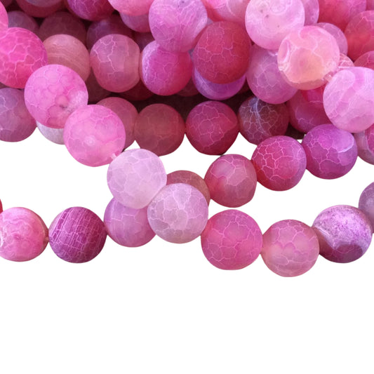 Matte Finish Smooth Round Hot Pink Crackle/Veined Agate Beads | 10mm 12mm-15" Strand |  Natural Semi-Precious Gemstone