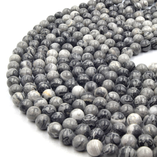 Picture Jasper Beads | Smooth Gray Picture Round Beads | 6mm 8mm 10mm 12mm | Loose Beads