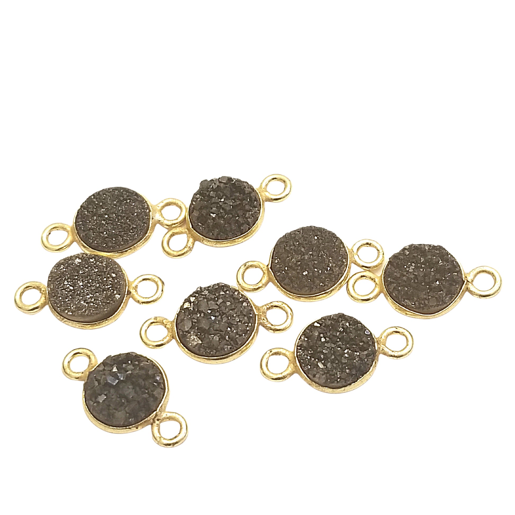Druzy Agate Gold Finish Metallic Black Round/Coin Shaped Natural Bezel Connector Component - Measures 8mm x 8mm - Sold Individually