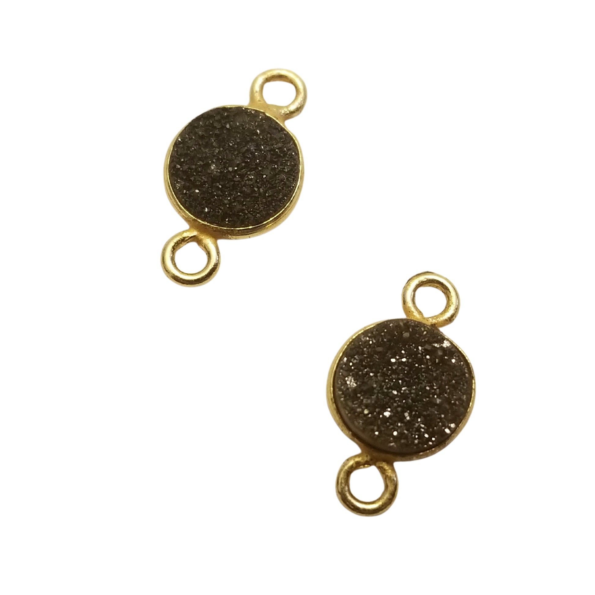 Druzy Agate Gold Finish Metallic Black Round/Coin Shaped Natural Bezel Connector Component - Measures 8mm x 8mm - Sold Individually