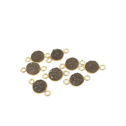 Druzy Agate Gold Finish Metallic Black Round/Coin Shaped Natural Bezel Connector Component - Measures 8mm x 8mm - Sold Individually