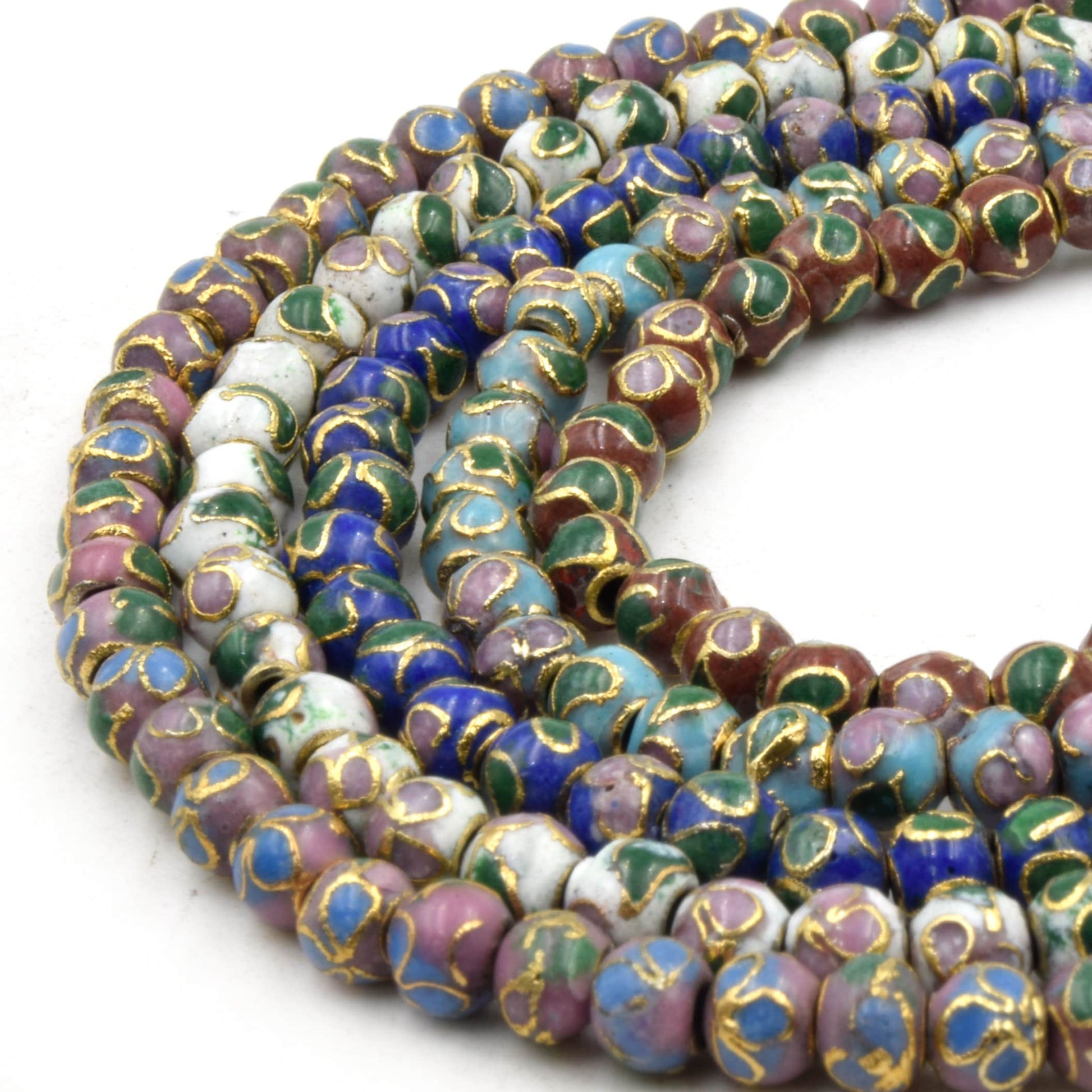 Cloisonné Beads | 4mm Decorative Floral Puffed Round/Ball Shaped Metal/Enamel Beads - Red Black Gold Purple Blue  Available