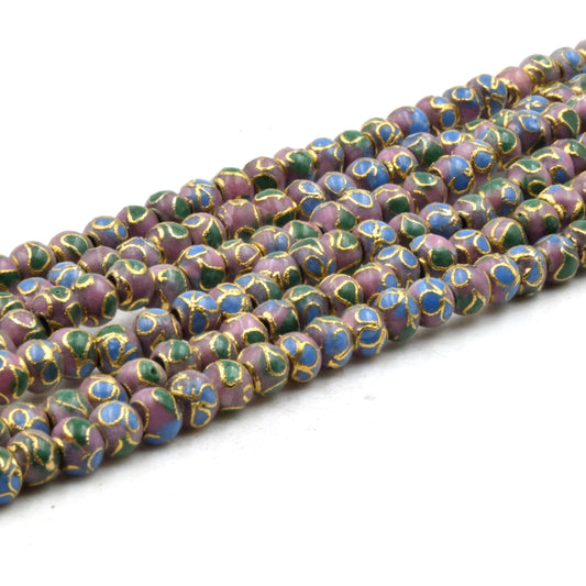 Cloisonné Beads | 4mm Decorative Floral Puffed Round/Ball Shaped Metal/Enamel Beads - Red Black Gold Purple Blue  Available