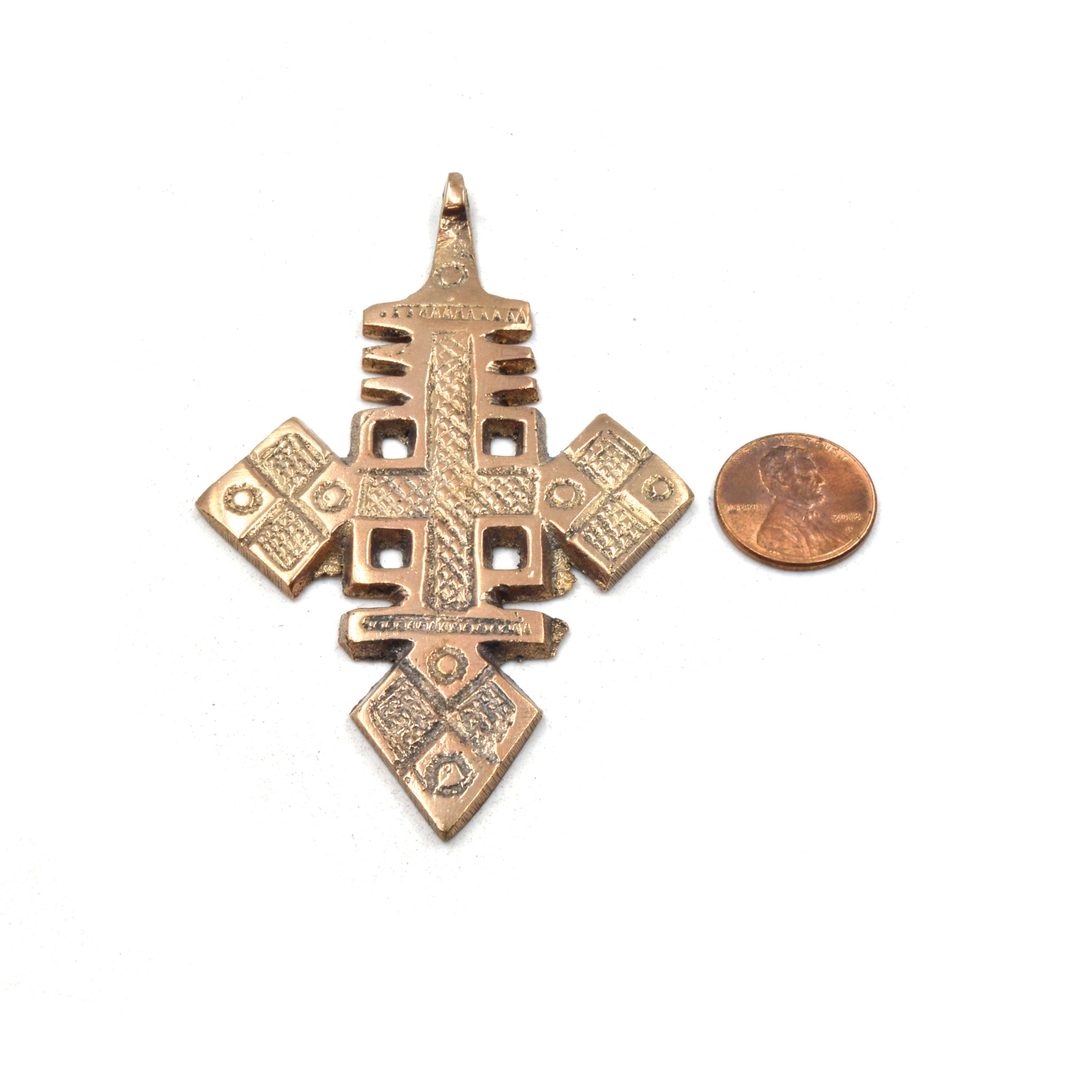 3.5" Bronze Ethiopian Cross Shaped (Style B) Plated Brass Pendant with Bail - Measuring 57mm x 92mm - Sold Individually