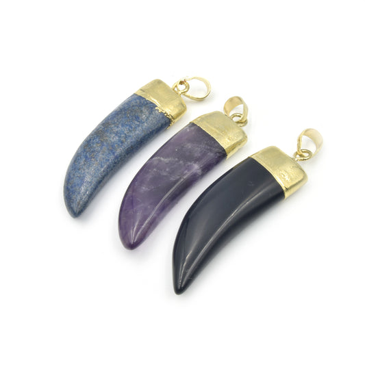 Gemstone Pendants | Electroplated Gemstone Tusk Pendants with Bail | Black Agate, Amethyst, Lapis Lazuli