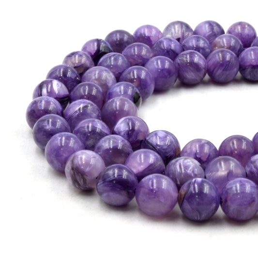 Natural Charoite Beads | UNENHANCED/UNTREATED 8mm Natural Smooth Glossy Purple AAA Charoite Round Beads