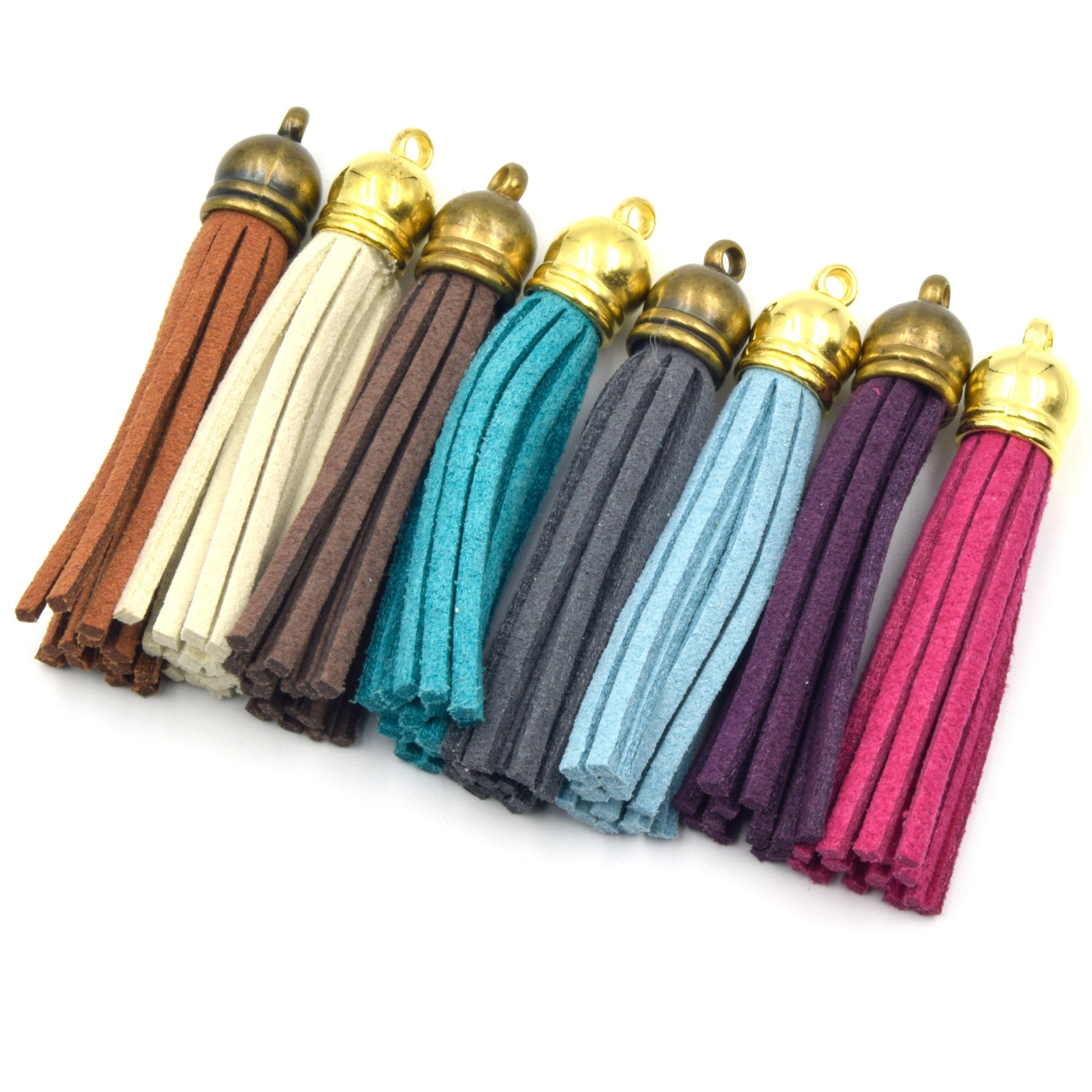 2" Faux Suede Tassels | Gray Blue Brown Green Aqua Purple Pink White Tassel | Bronze and Gold Cap | Sold in Packs of 5