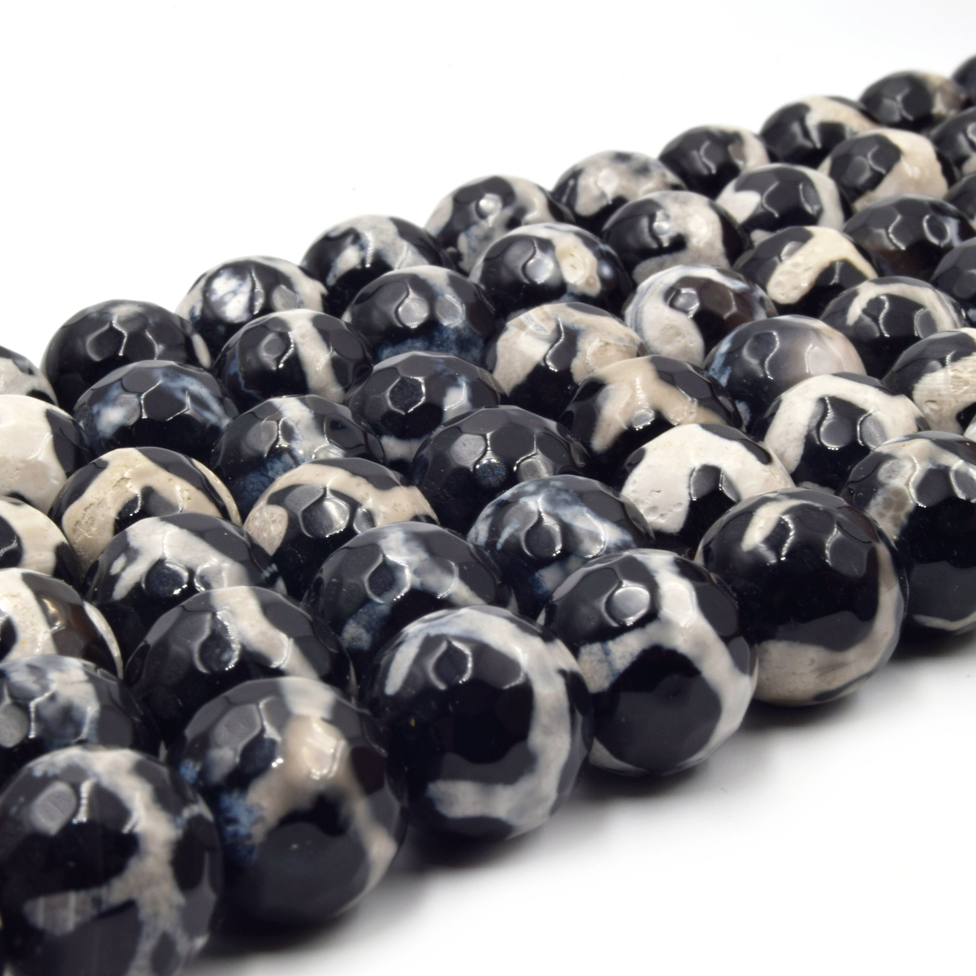 Tibetan Agate Beads | Dzi Beads | 12mm Dyed Faceted Black Cream Honeycomb Round Agate Beads