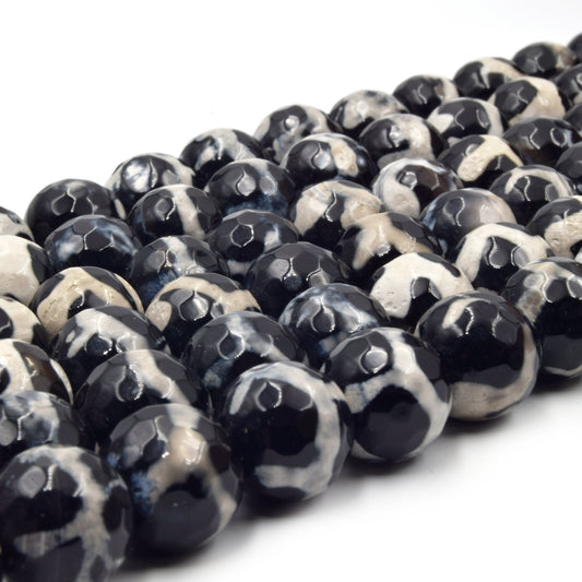 Tibetan Agate Beads | Dzi Beads | 12mm Dyed Faceted Black Cream Honeycomb Round Agate Beads